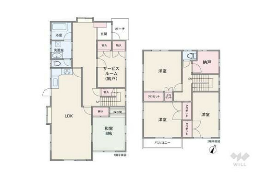 間取り図 間取りは延床面積143.61平米の4SLDK。LDKと和室が続き間になったプラン。2階の洋室3部屋はどの部屋も直接隣接しておらず、個室のプライバシーを確保しやすい造りです。