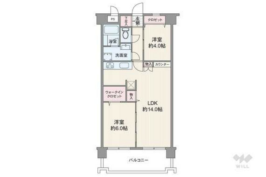 間取り図 【間取り図】間取りは専有面積56.70平米の2LDK。LDK約14.0帖、全居室洋室仕様のプラン。リビングと洋室1部屋は続き間で、扉を開放すれば広々使用することも可能です。