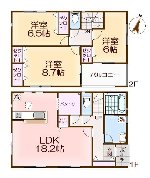 間取り図 LDK18帖・全居室6帖以上・浴室暖房乾燥機・南向きバルコニー