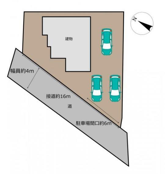 区画図 【区画図】幅員4mの西側道路に接道しています。間口が取れているので、並列2台も容易に駐車可能です。