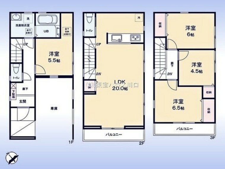 間取り図 木造3階建て4LDK。2階にLDK。対面キッチン。家族の顔が見えるリビングイン階段。洋室4室・各部屋に収納有。2、3階にバルコニー。1、2階にトイレ