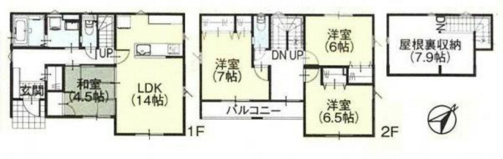 間取り図 屋根裏収納付き！2階ホールスペースには室内物干し付きで雨の日のお洗濯干しにも〇