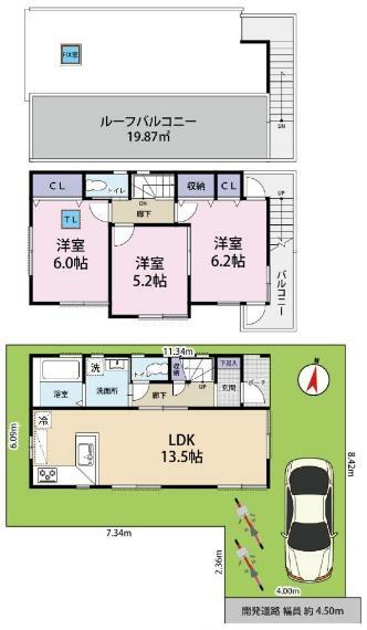 間取り図 南道路・全室南向きの3LDK＋カースペース。