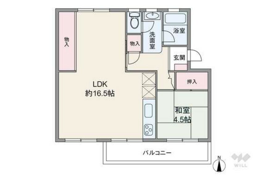 間取り図 間取りは専有面積51.36平米の1LDK。大きな物入付きの広々LDKが魅力的なプラン。LDK、和室ともにバルコニーに面しており、キッチン横からすぐにバルコニーに出られます。