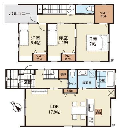 間取り図 収納豊富な3LDK新築戸建！1階にリビングと水回りを配し、快適な生活動線を考えた空間設計。