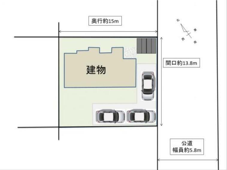 区画図 【敷地配置図】敷地内のイメージ図です。現在2台分の駐車スペースですが、縦列駐車になりますが庭側へ増設工事をして合計3台分の駐車スペースになる予定です。