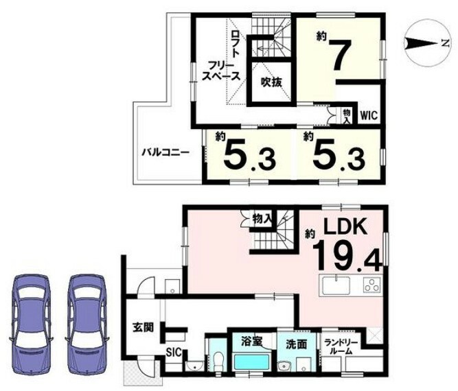 間取り図 耐震等級3を取得し、万一の災害時でも安心できる住宅です。19.4帖の大きなLDKはリビング階段を採用。ご家族が顔を合わせやすい間取りです。