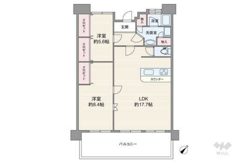 間取り図 間取りは専有面積75.68平米の2LDK。LDK約17.1帖の縦長リビングのプラン。バルコニー面積は11.46平米です。