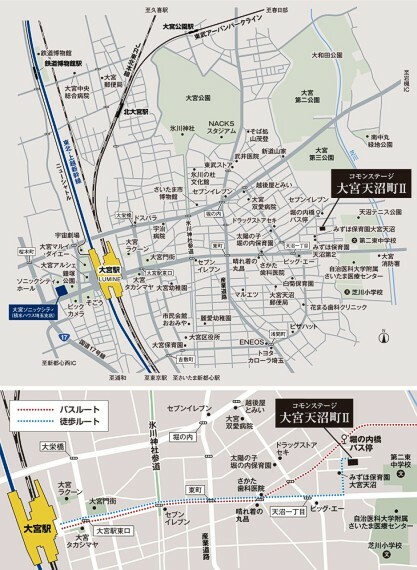 広域図＆現地案内図東日本の玄関口ビッグターミナル「大宮」駅へ徒歩圏のまち。●「大宮」駅まで徒歩21分（約1,650m～約1,680m）
