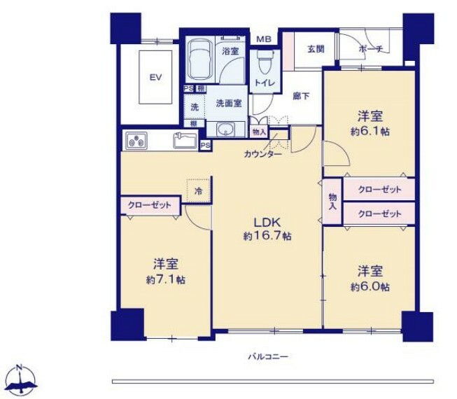 間取り図 約16.7帖のLDKと全居室6帖以上でゆとりの間取