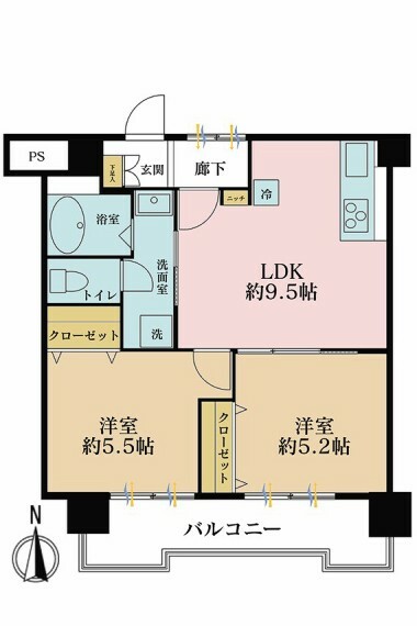 2DK、専有面積47.08平米、バルコニー面積7.67平米