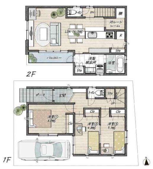 参考プラン間取り図 建物プラン例（B区画）3LDK、土地価格2255万円、土地面積79.78m2、建物価格2210万円、建物面積83.33m2