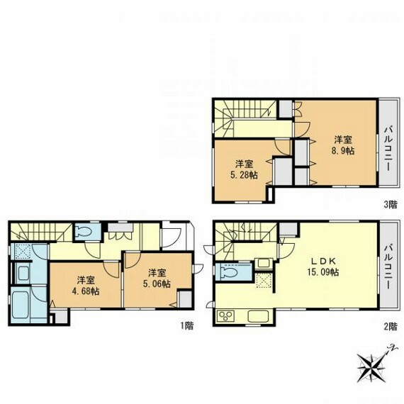 間取り図 2階をリビングにした4LDKの間取り。家族の空間を大切にできる開放空間です。