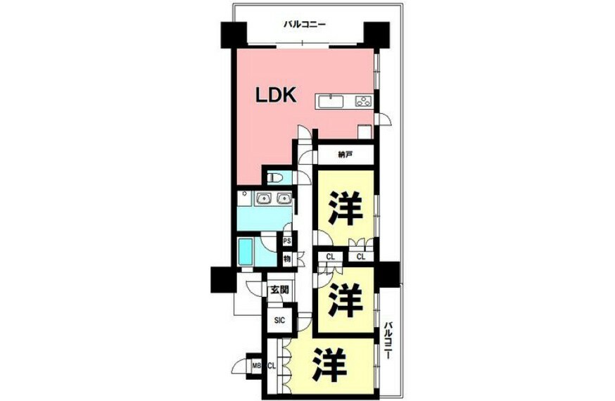 間取り図 3LDK＋納戸、南西角部屋、2面バルコニー【専有面積98.60m2】