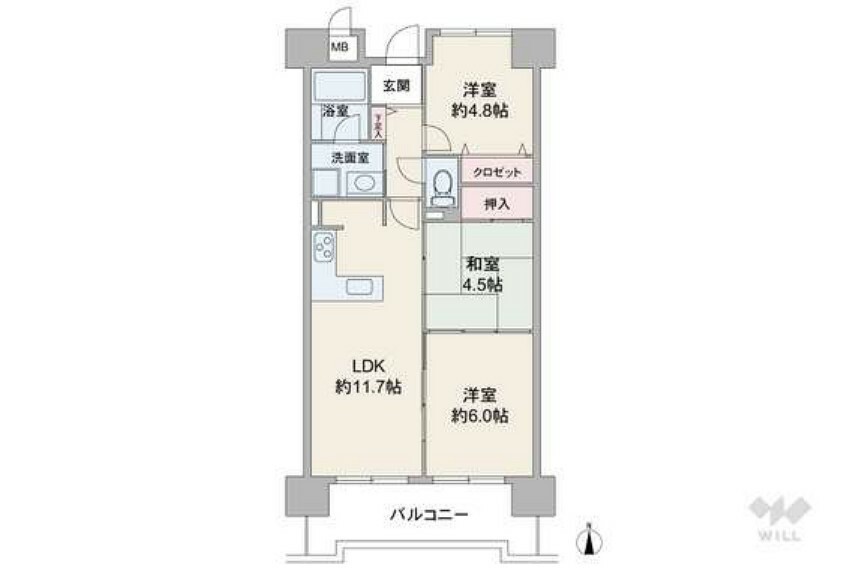 間取り図 間取りは専有面積57.68平米の3LDK。縦長のLDKと個室2部屋が続き間になっているプラン、生活シーンに合わせてフレキシブルに部屋をつなげたり区切ったりできます。