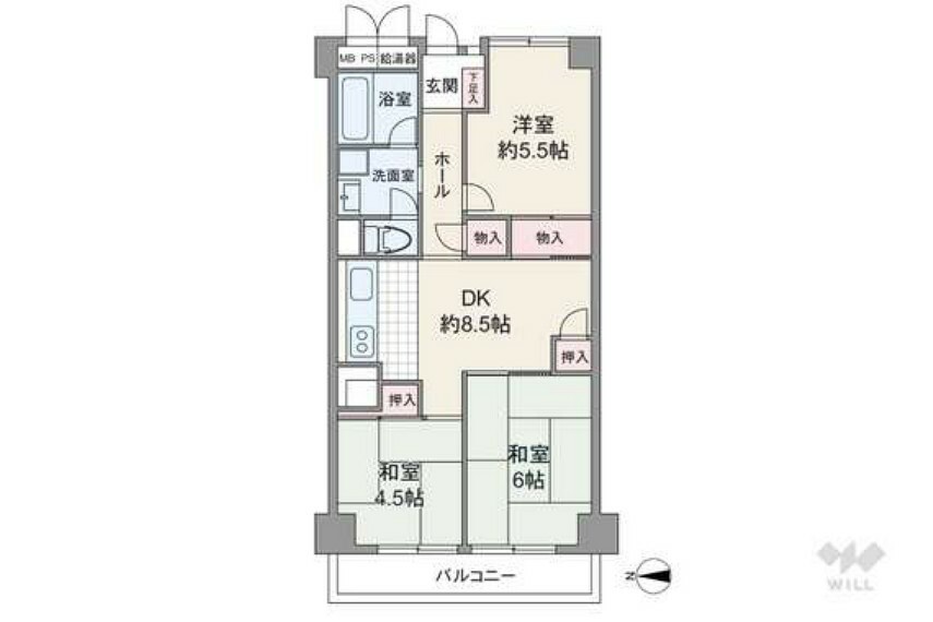 間取り図 間取りは専有面積57.75平米の3LDK。センターリビングのプラン。複数方向に採光部があり、バルコニー面積は6.6平米です。