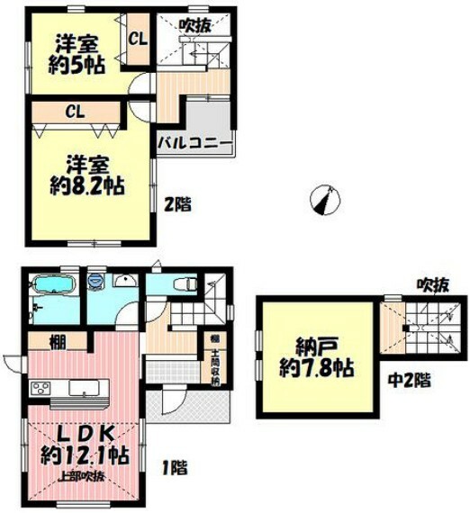 間取り図 2LDK＋S リビング約12.1帖 明るく開放的な吹抜あり