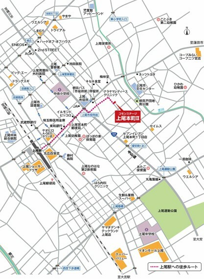 区画図 上尾市役所近くのまち、近隣には保育園や幼稚園・小学校、点在する公園があり子育て環境が充実しています。●上尾市役所（約360m～約370m）、●上尾保育所（約610m～約620m）、●上尾幼稚園（約730m～約740m）、●中央小学校（約740m～約750m）、●根貝戸団地南公園（約270m～約280m）