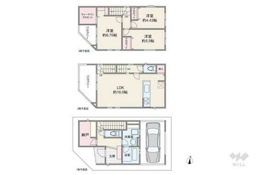 間取り図 間取りは延床面積111.47平米（車庫面積約11.73平米含む）の3LDK。2階リビングのプラン。