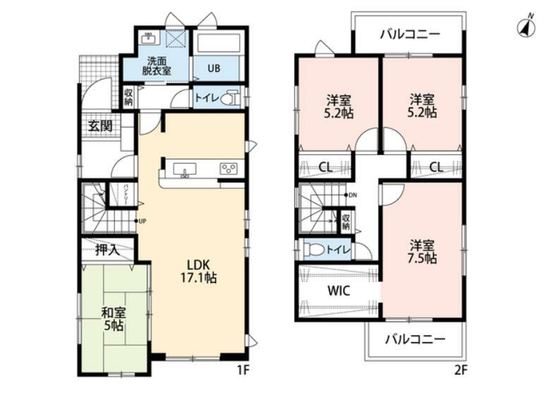 間取り図 1階はLDKに和室が隣接、リビング階段で水廻りが集中しています。ワイドなウォークインクローゼットや2面バルコニーが魅力的＾＾