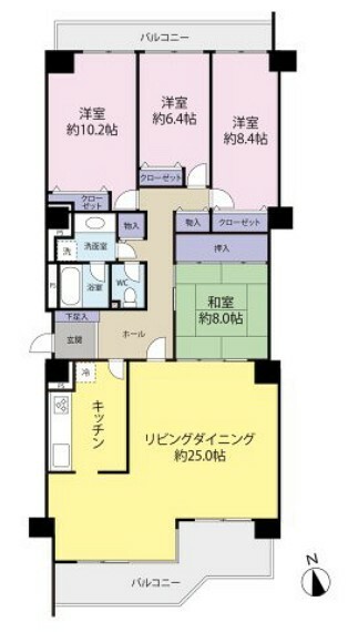 間取り図 2面バルコニーの4LDKです。ペット可（規約有り）です。 南向きのリビングは約25帖有るので明るく開放的な空間になっています。 室内はリフォームをしたので大変キレイです。