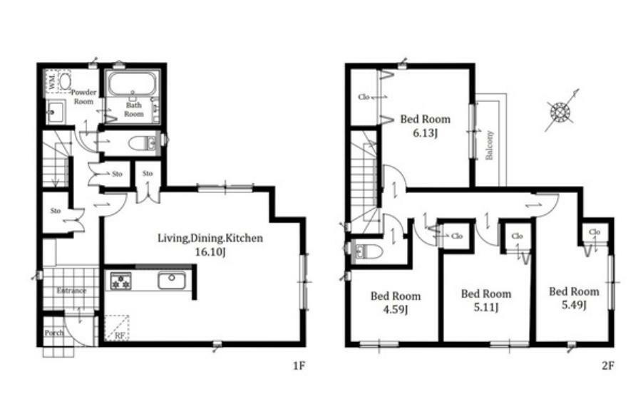 間取り図 1号棟: 家事動線が考えられた1階のLDKは水周りを集中させて効率的LDKと居住スペースの階層を分けることでお互いのプライバシーをしっかり確保できる設計の新邸です