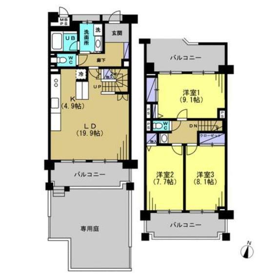 間取り図 【間取図】お部屋の間取りt後なります。1階のリビングはやく20帖の広さがあり、家族団らんの場としてご利用いただけます。2階の各居室にはそれぞれバルコニーがあり、日が差し込みやすく、明るいお部屋となっております。