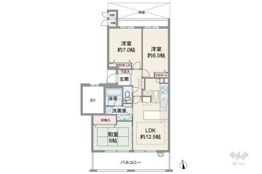 間取り図 間取りは専有面積70.86平米の3LDK。LDK約12.5帖のプラン。バルコニー面積は13.4平米です。