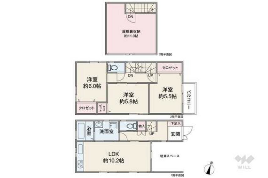 間取り図 延床面積101.65平米の3LDK。シーズンオフの衣類や家電も収納出来る約11帖の屋根裏収納が魅力のプラン。LDKにサニタリーが隣接した家事動線にも優れた造りです。