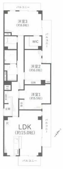 間取り図 新規内装リフォーム済（令和5年11月）、きれいな室内で快適な新生活をスタートできます。最上階三方角部屋につき日当たり、通風良好。開放感のある眺望も楽しめます。