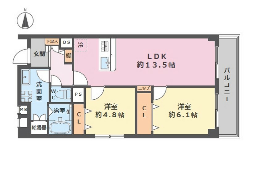 間取り図 ■5階建て3階部分の南×東の角住戸で採光・通風良好  ■専有面積:60.70平米の2LDK（全室収納付き）