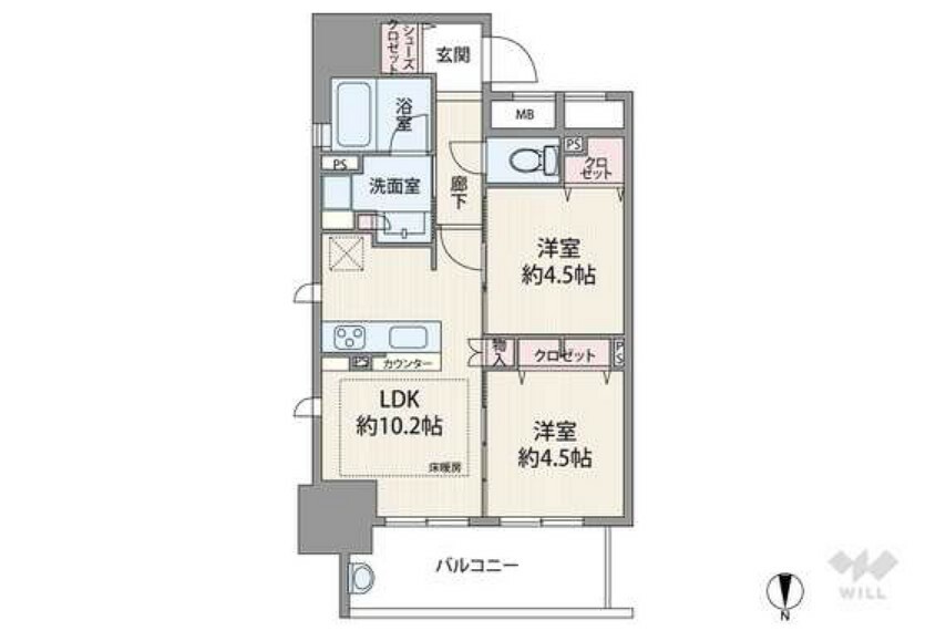 間取り図 間取りは専有面積48.81平米の2LDK。LDKを通って個室に出入りする、縦長リビングのプラン。洋室は2部屋とも出入り口が大きく、間仕切りを開放すればLDKとつなげて使うことができます。