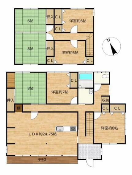 間取り図 RF後の間取図です。7LDKと部屋数豊富なので二世帯住宅としてもお住いできます。全居室に収納があるので便利です。