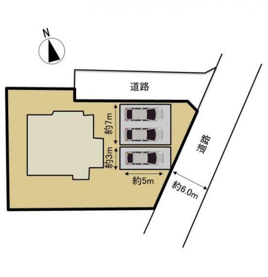 区画図 敷地面積は約455平米（約137坪）です。普通車3台並列駐車可能です。