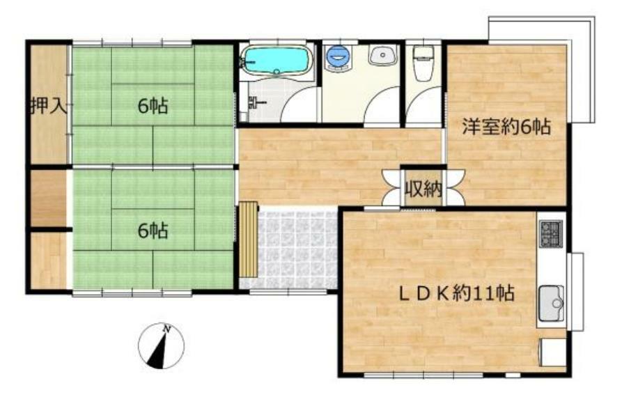 間取り図 【リフォーム済】LDKと和室2部屋、洋室1部屋の3LDK住宅です。気になる水回りはすべて交換しました。