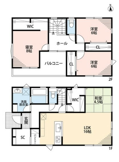 間取り図 1階2階WIC・SIC・パントリー・洗面室収納あり＾＾ リビングと隣接する和室を合わせると広々20帖以上の大空間です。寝室、廊下から行き来出来る南向きワイドバルコニーで日当り風通し良好です＾＾