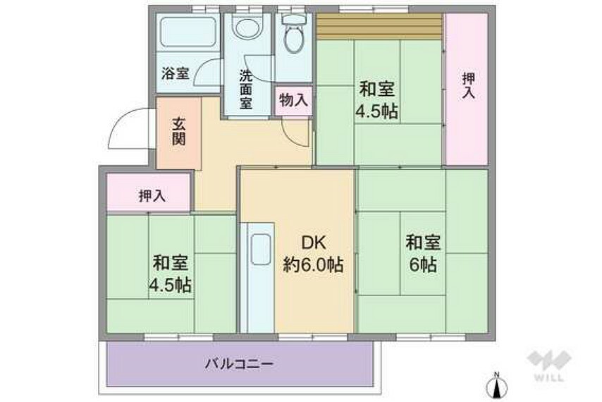 間取り図 間取りは専有面積54.02平米の3DK。南向きワイドスパンのプラン。全部屋とサニタリーにも窓が設けられています。DK以外の個室は和室仕様の落ち着いた空間。個室2部屋と玄関ホールに収納付きです。