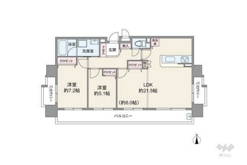 間取り図 間取りは専有面積74.72平米の2LDK。全居室がバルコニーに面したワイドスパンのプラン。バルコニーは三面あり、大変開放的です。LDKは約21.5帖のゆとりあり。