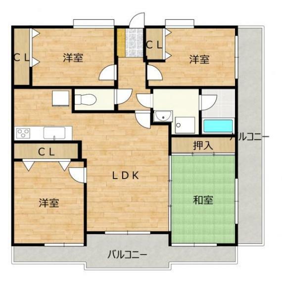 間取り図 【間取図】管理規約に定められている専有部分の給排水管に漏水や故障があった場合は、弊社が引き渡しから2年間保証します。2面バルコニーのある4LDKの部屋です。