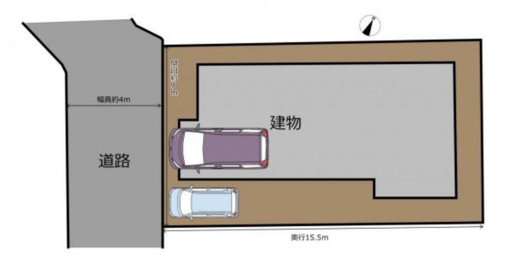 【区画図】ビルトインガレージ部分には普通車1台、建物横に軽自動車1台の合計2台駐車可能です。