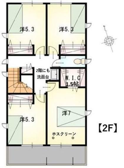 間取り図 2F平面図です。全居室収納付きの間取りです。