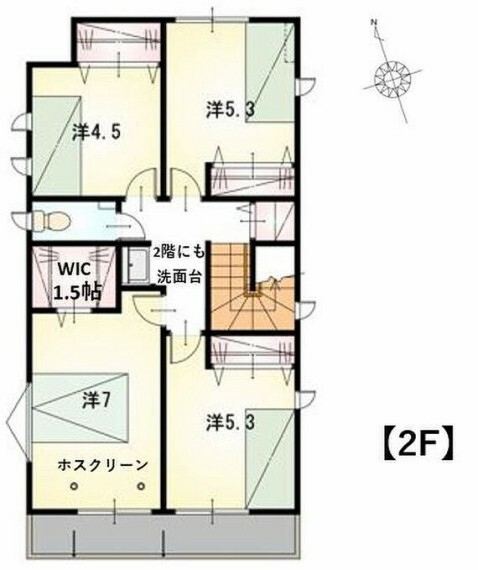 2F平面図です。全居室収納付きの間取りです。