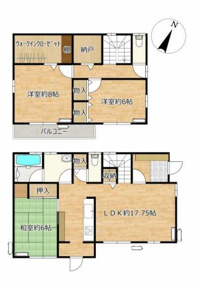 間取り図 【間取図】3SLDKの住宅です。1階はリビングに対面キッチン、和室。2階は洋室2部屋、納戸です。