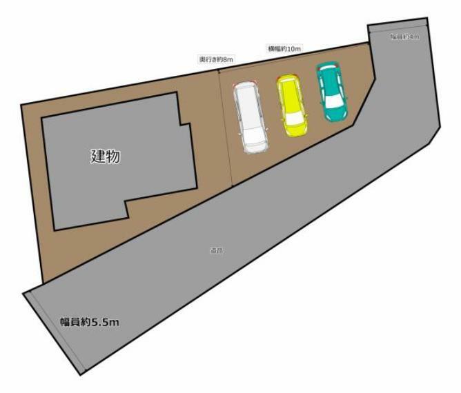 区画図 【区画図】幅員約5.5mの道路に接道しており、駐車は並列3台可能です。