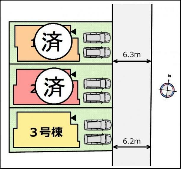 区画図 【配置図】ラスト1棟！前面道路6m以上・並列駐車2台可能です！