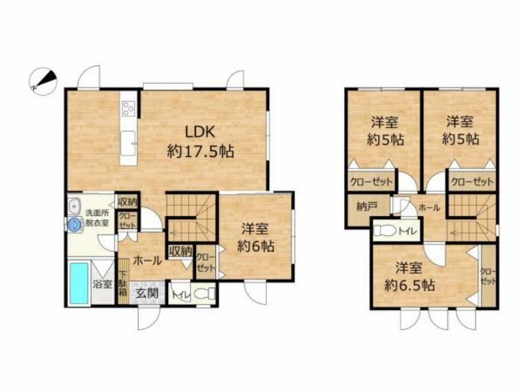 間取り図 【間取り図】4LDKの2階建て。1階は約17.5帖LDK、約6帖洋室、2階は約5帖洋室2部屋、約6.5帖洋室です。各居収納付きで便利な間取りです。水回り品交換など全室リフォーム済です。
