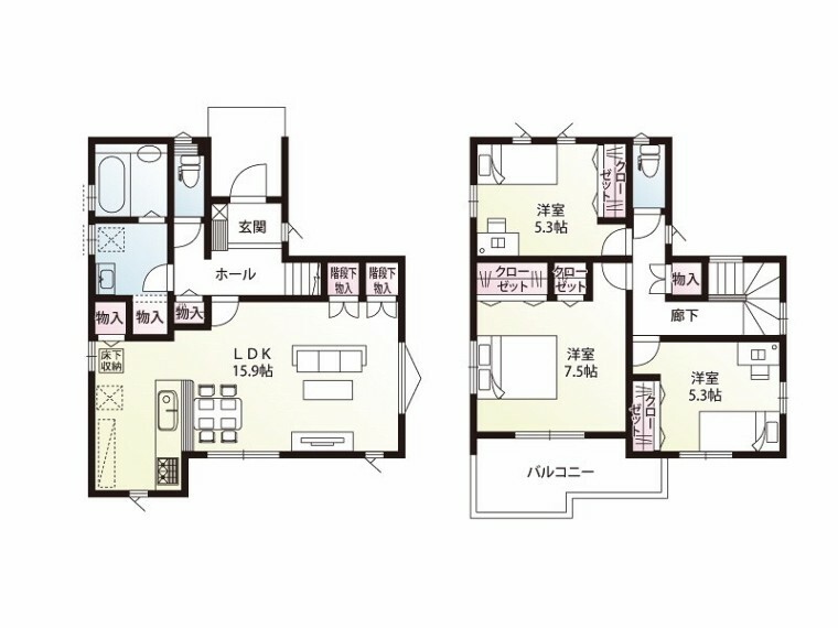 間取り図 1階LDKが15.6帖の3LDK住宅です。各部屋以外にも収納が揃った使いやすい物件です。