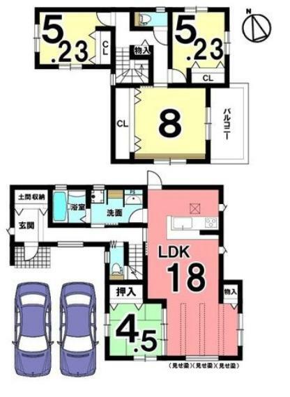 間取り図 1階は和室を合わせて22.5帖の大きなお部屋としても利用可能。全室に収納スペースを確保しました。