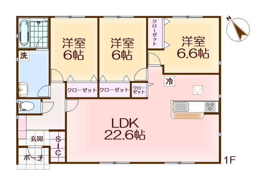 間取り図 LDK22.6帖・全居室6帖以上・浴室暖房乾燥機・南向きバルコニー