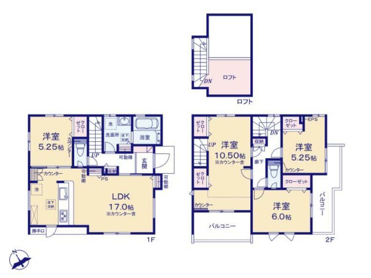 間取り図 階段で行き来可能なロフト付き。 季節物の収納にも便利です。